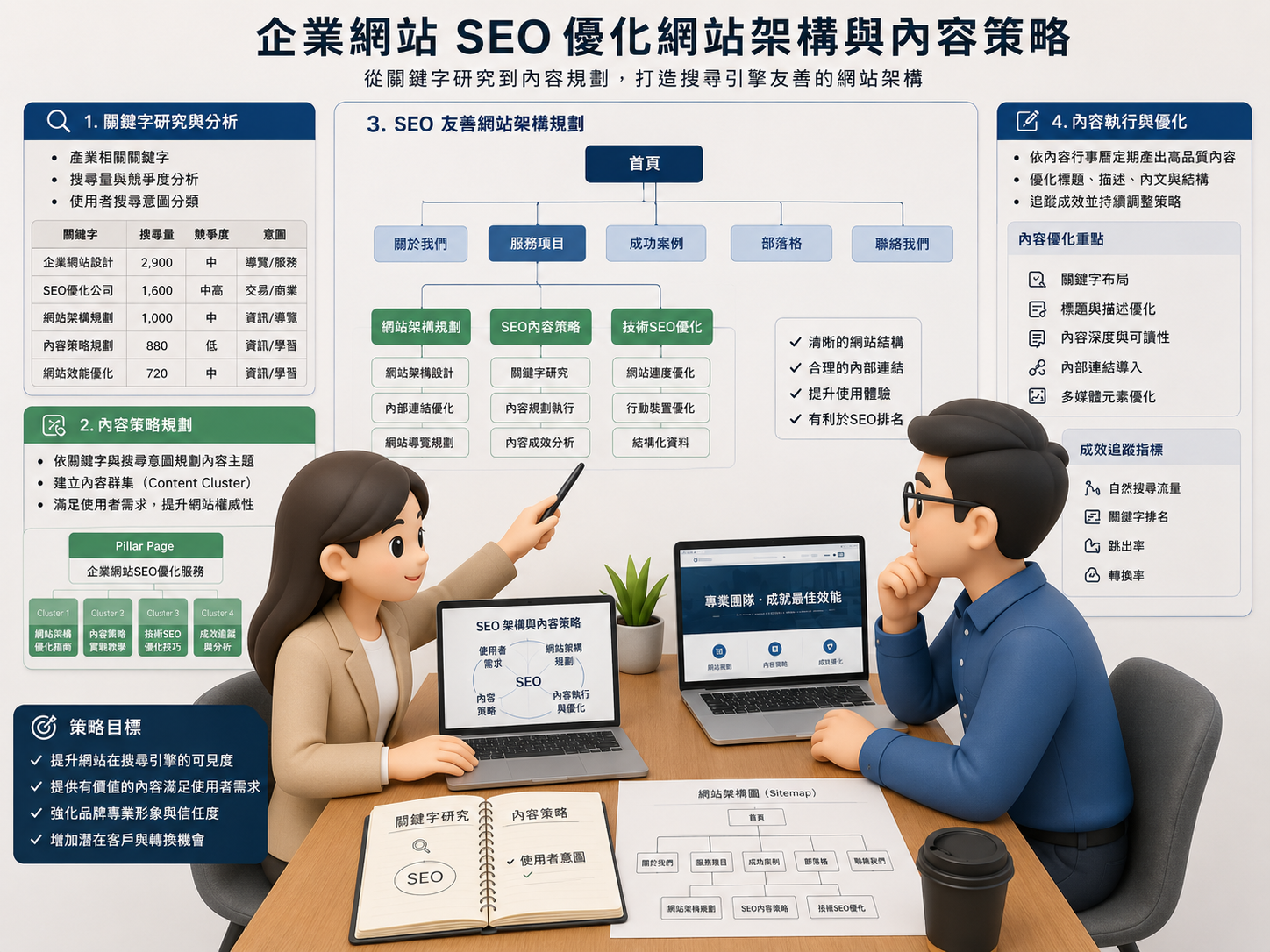 企業網站SEO優化完整指南：架構規劃到內容策略示意圖